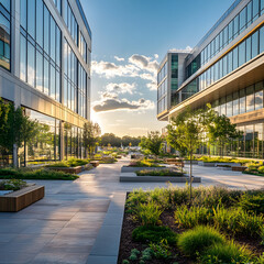 Modern office buildings with a landscaped courtyard at sunset.  Tranquil and inviting outdoor space.