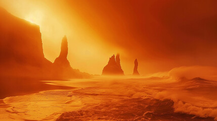 A surreal capture of Reynisfjara Black Sand Beach in Iceland, with misty waves swirling around basalt sea stacks.