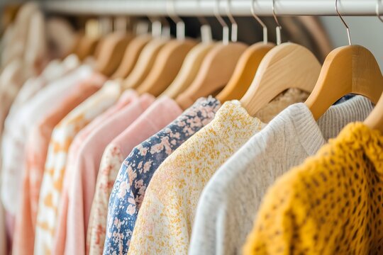 Pastel clothing collection in wardrobe, horizontal, perfect for fashion retail, spring collections, boutique promotions and closet organization content. style consultants, personal shopping services.