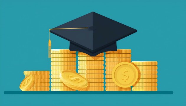 scholarship concept education loan for pursuing graduation hat and stack of coins  illustration in flat style