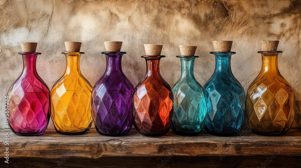 Poster colorful abstract glass flasks with liquid on rustic shelf in artistic display