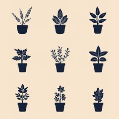 A minimalist grid of various potted plants, showcasing different leaf shapes and sizes against a light background.