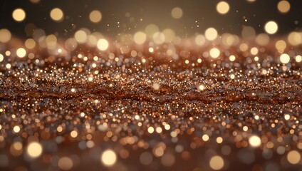 This is a close up abstract image of a surface covered in glittering bronze particles with a blurred background of yellow bokeh lights.