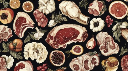 Colorful Meat and Vegetable Arrangement on Dark Background