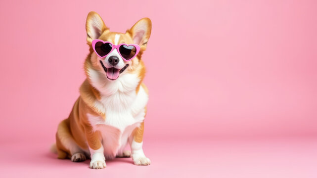 Pembroke Welsh Corgi dog sitting on pink background in pink sunglasses in shape of a heart and smiling. St Valentine Day banner for pet veterinary or grooming service