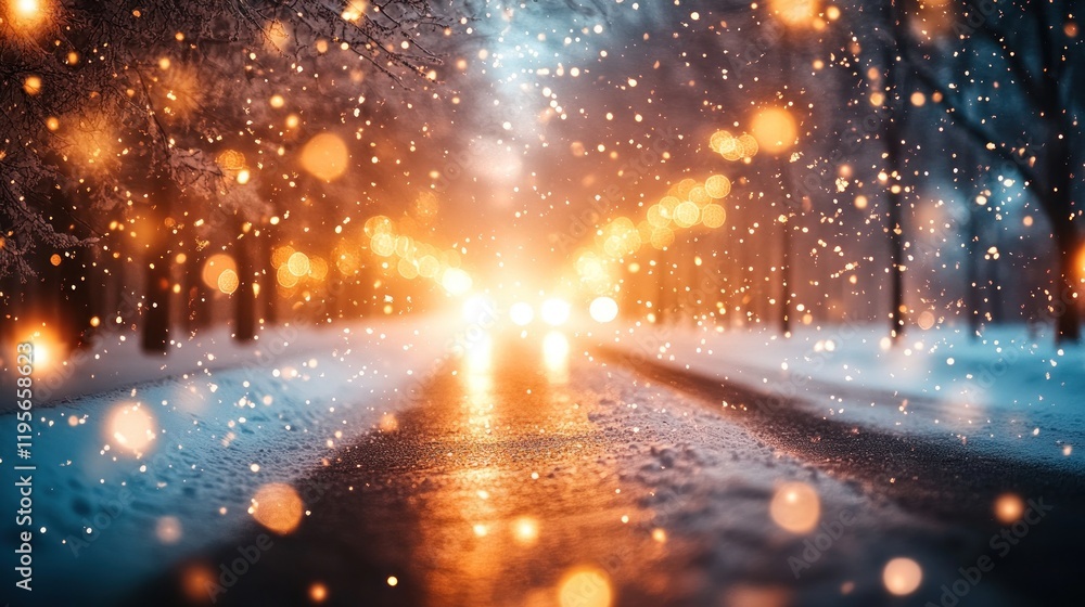 Canvas Prints Snowy road at night with bokeh lights.