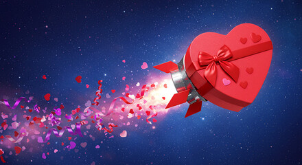 Heart-Shaped Gift Box Rocket Launching into Space with Confetti for Valentine's Day