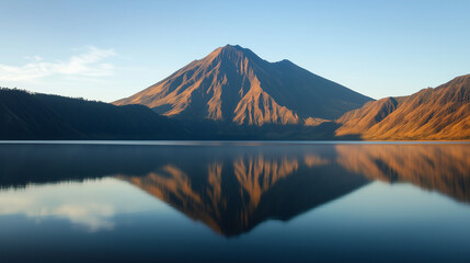 Volcanic Mountain Reflection in Calm Lake at Morning Light Serene Nature Photography






