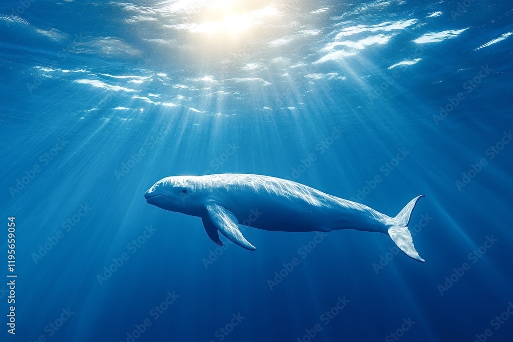 Poster sunbeams pierce the ocean's surface, illuminating a dwarf sperm whale gracefully navigating the deep