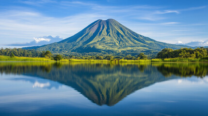 Fototapeta premium Volcanic Mountain Reflection in Calm Lake at Morning Light Serene Nature Photography
