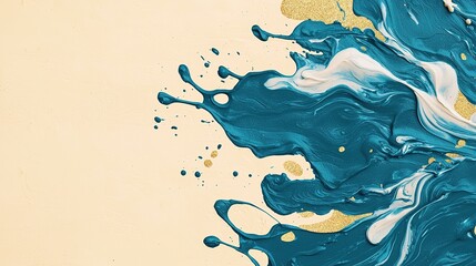 Fototapeta premium A vibrant abstract painting featuring swirling teal and gold splashes against a light beige background.