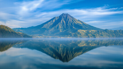 Fototapeta premium Volcanic Mountain Reflection in Calm Lake at Morning Light Serene Nature Photography