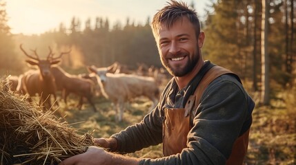 Man with deer in winter mountains, horizontal, suitable for wildlife photography, nature conservation, outdoor adventure and environmental awareness content. Perfect for national parks and eco-tourism