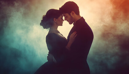 Vintage romance with a historical couple. Passionate embrace of a retro man and woman. Glowing mist adds a fantasy twist. Ideal for Victorian, Edwardian, and Regency