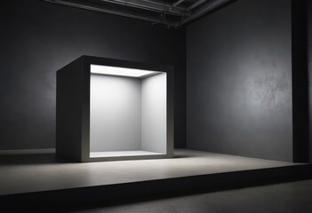 In a dimly lit dark room, there is a white box positioned in the center