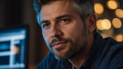 Handsome man working from home office at evening, using laptop. Screen glow illuminates man's face