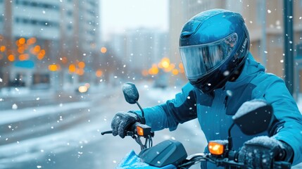 Naklejka premium Snowfall Challenges Motorcyclist on Journey