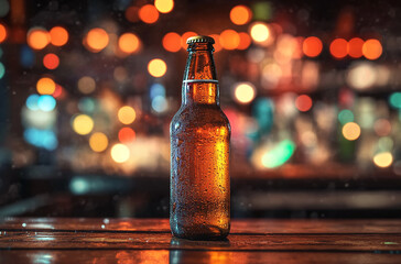 Close-up of chilled beer bottle with condensation and bokeh background