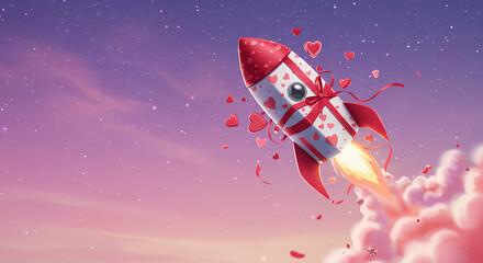 Naklejka premium Valentine's Day Rocket Ship Gift, Love Launch into Space, Romantic Gift Idea