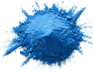 blue color powder pigment isolated on white background, cutout, top view 