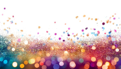 colorful bokeh, at the bottom of the image, glitter particles, on a white background, isolated 