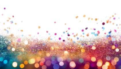 colorful bokeh, at the bottom of the image, glitter particles, on a white background, isolated 