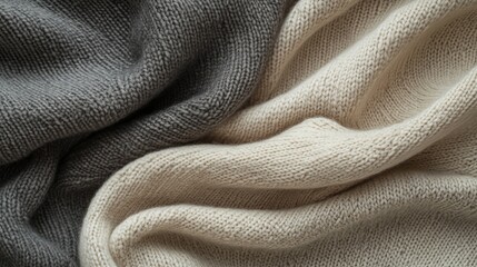 Fototapeta premium Close-up of soft, textured knit fabric in neutral gray and beige tones. The fabric is draped and folded, creating a sense of warmth and coziness.