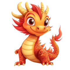 Fototapeta premium Adorable Baby Dragon Cartoon Illustration Red Orange Cute Fantasy fire icon myth tale small wings 