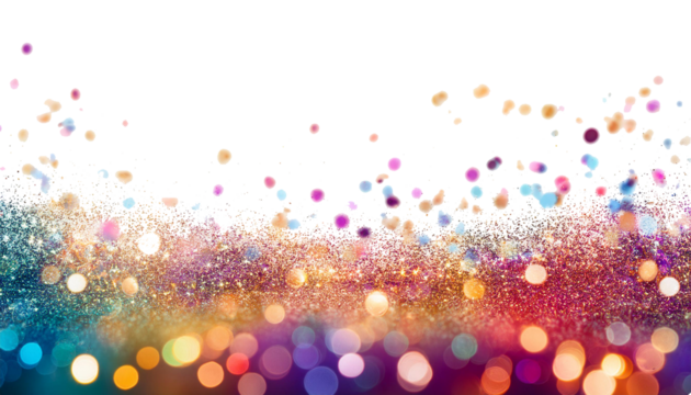 colorful bokeh, at the bottom of the image, glitter particles, on a white background, isolated 