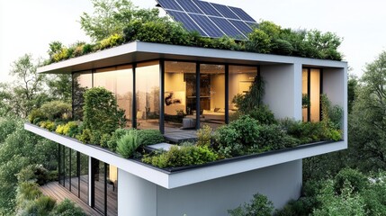 Modern Eco-Friendly House with Solar Panels and Lush Greenery