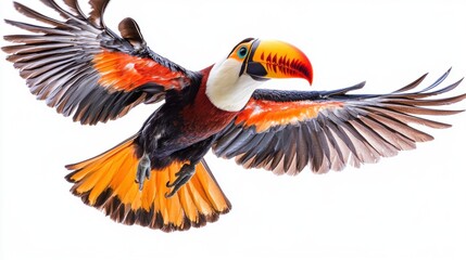 Obraz premium Vibrant Toucan in Flight with Colorful Plumage Against White Background