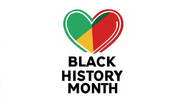 Black History Month logo with text "BLACK HISTORY MONTH" and a heart shape, on a white background, in the colors red, green, and yellow.