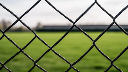 Black chain-link fence positioned in front of a blurred school, highlighting vibrant green grass in a sunny setting