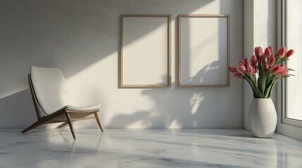 Elegant minimalist interior with empty frames and tulip arrangement