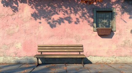 Tranquil Urban Bench Against Pink Wall in Autumn Sunlight