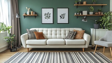 Cozy Living Room with Green Walls and Stylish Decor Elements
