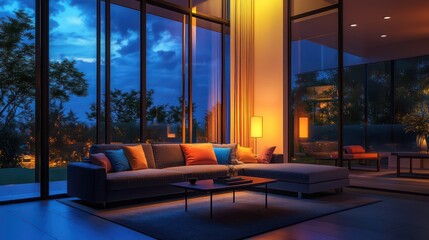 Modern living room with a sofa, coffee table, and subtle color accents, illuminated by mood lighting through large glass windows at evening time Ultra-realistic, cinematic lighting with modern 