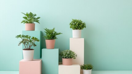 Elegant Indoor Plants Arrangement on Colorful Display Pedestals