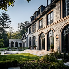 Elegant stone mansion with expansive lawn and outdoor seating area.  Large windows and arched doorways. Luxurious home exterior.