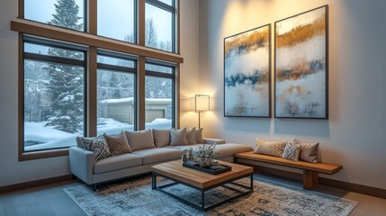 Modern living room with large windows, cozy sofa, coffee table, and contemporary wall art Soft lighting from above, a rug beneath, and a small wooden bench providing additional seating or storage