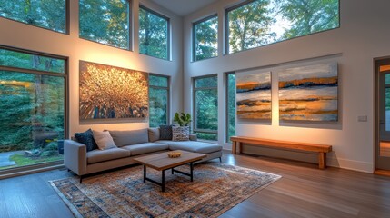 Modern living room with large windows, cozy sofa, coffee table, and contemporary wall art Soft lighting from above, a rug beneath, and a small wooden bench providing additional seating or storage