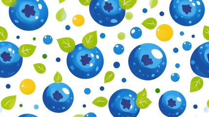 Colorful Blueberry Pattern with Green Leaves and Yellow Dots