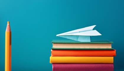 stack of colorful books with pencil and paper airplane