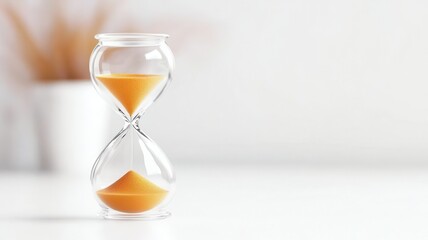 Balance proportion wellness concept. An elegant hourglass filled with golden sand on a minimalist background.