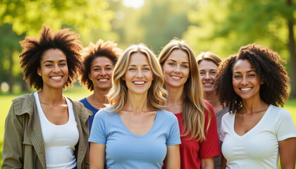 Fototapeta na wymiar Diverse women exuding determination in bright sunny park, women solidarity