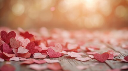 Colorful heart confetti scattered on rustic wooden surface