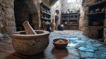 Rustic Stone Mortar and Pestle with Ground Spices in Ancient Kitchen