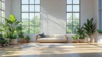 Fototapeta premium Sleek modern living room with large windows, white brick walls, wooden floors, lush plants, and soft ambient lighting