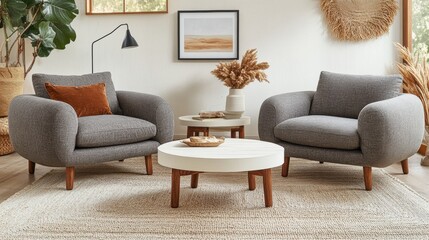 Modern Living Room with Cozy Grey Armchairs and Natural Decor