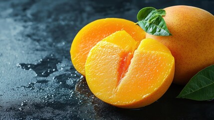 Freshly cut ripe mango halves showcasing vibrant orange flesh and green leaves on a dark surface